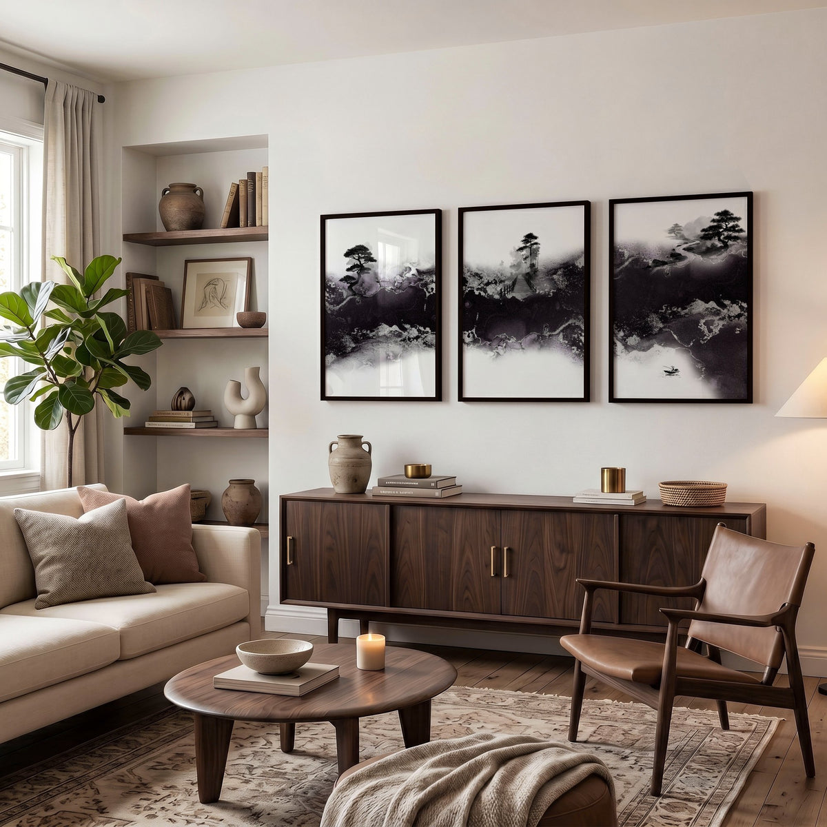 Wall Decor for High Ceiling Living Room | Japandi Black White Mauve Ink Landscape Art wall art displayed on a wall in a styled room — view 4