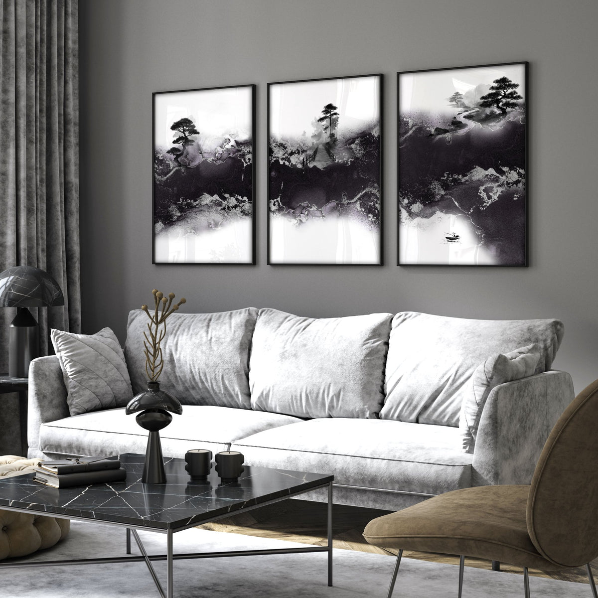 Wall Decor for High Ceiling Living Room | Japandi Black White Mauve Ink Landscape Art wall art displayed on a wall in a styled room — view 5