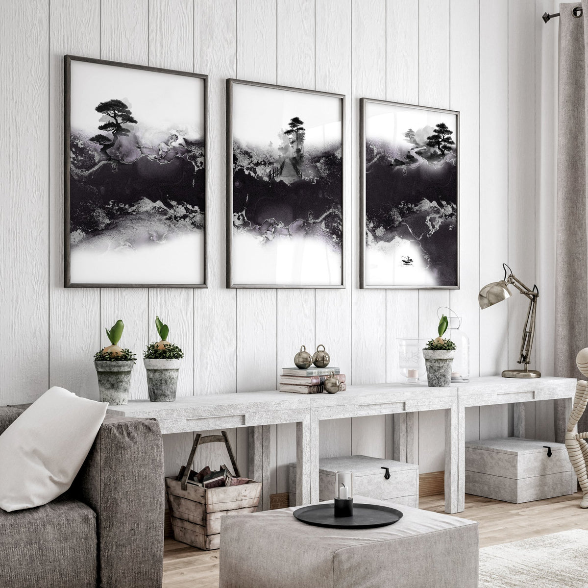 Wall Decor for High Ceiling Living Room | Japandi Black White Mauve Ink Landscape Art wall art displayed on a wall in a styled room — view 6