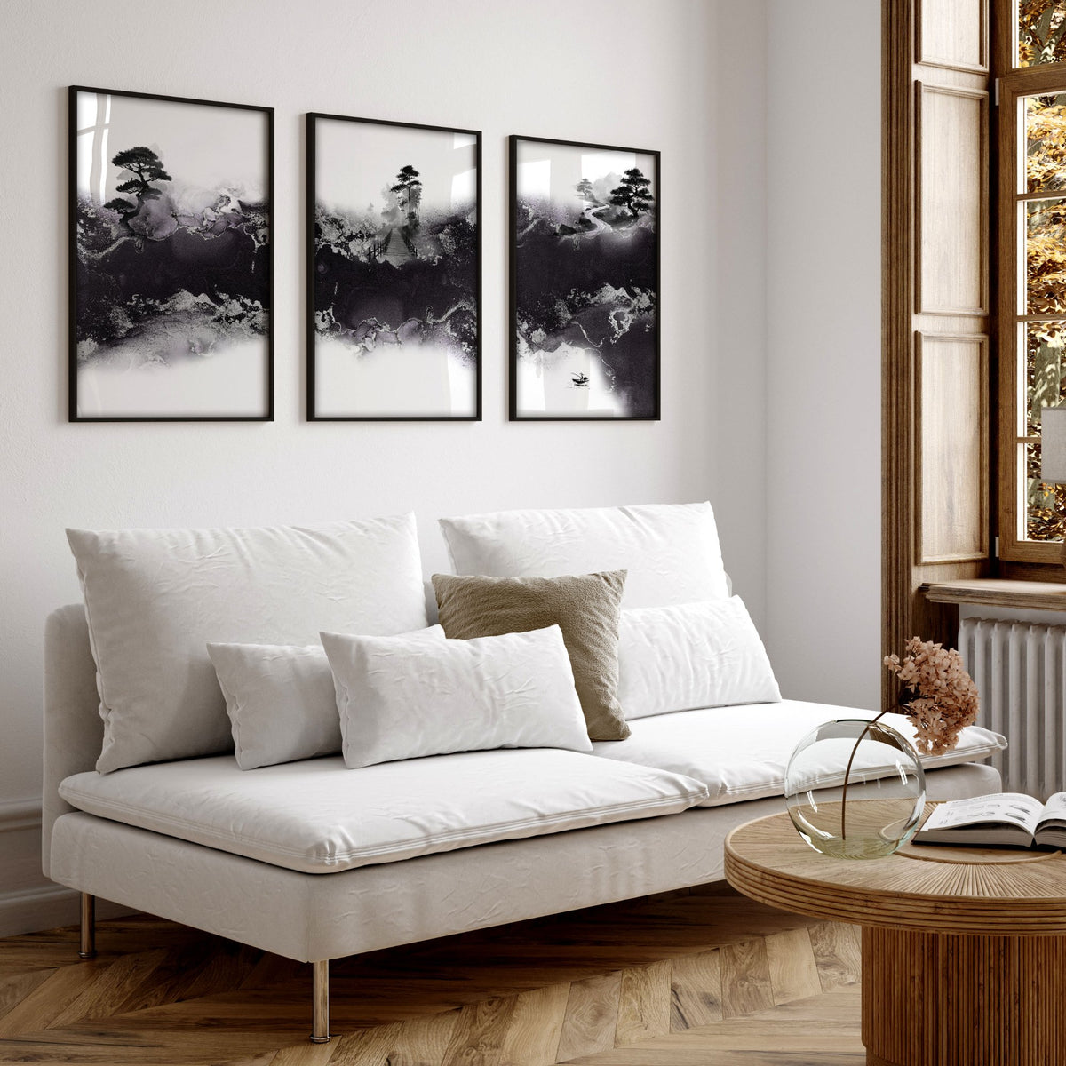 Wall Decor for High Ceiling Living Room | Japandi Black White Mauve Ink Landscape Art wall art displayed on a wall in a styled room — view 7