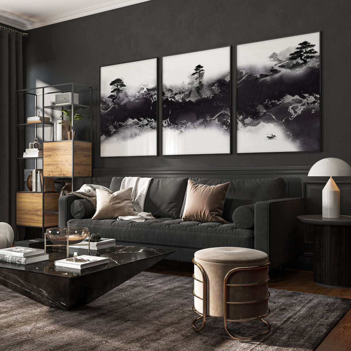 Wall Decor for High Ceiling Living Room | Japandi Black White Mauve Ink Landscape Art wall art displayed on a wall in a styled room — view 8