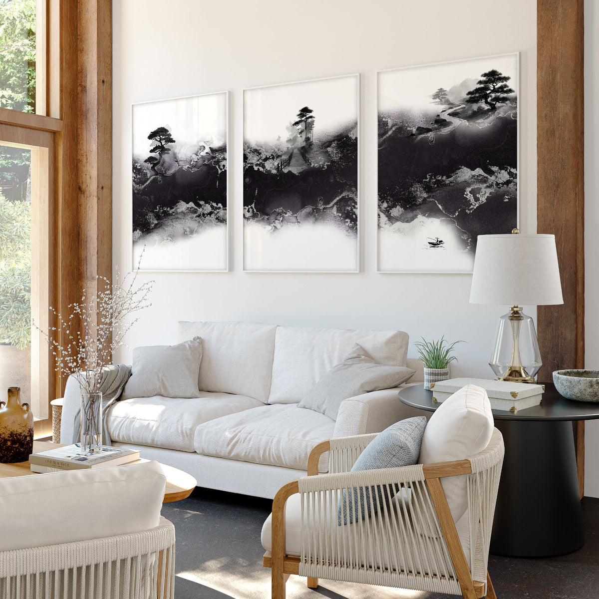 Wall Decor for High Ceiling Living Room | Japandi Black White Mauve Ink Landscape Art wall art displayed on a wall in a styled room — view 9