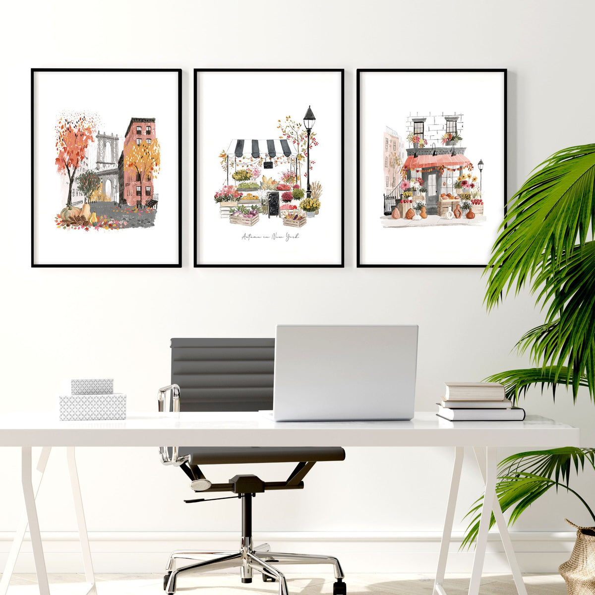Wall Decor for Office Room New York Autumn Watercolour Travel Art wall art | "Autumn in New York" displayed on a wall in a styled room
