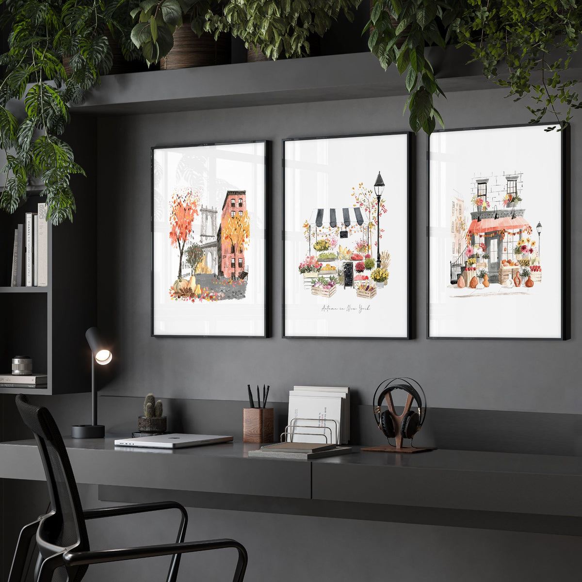 Wall Decor for Office Room New York Autumn Watercolour Travel Art wall art | "Autumn in New York" displayed on a wall in a styled room — view 2