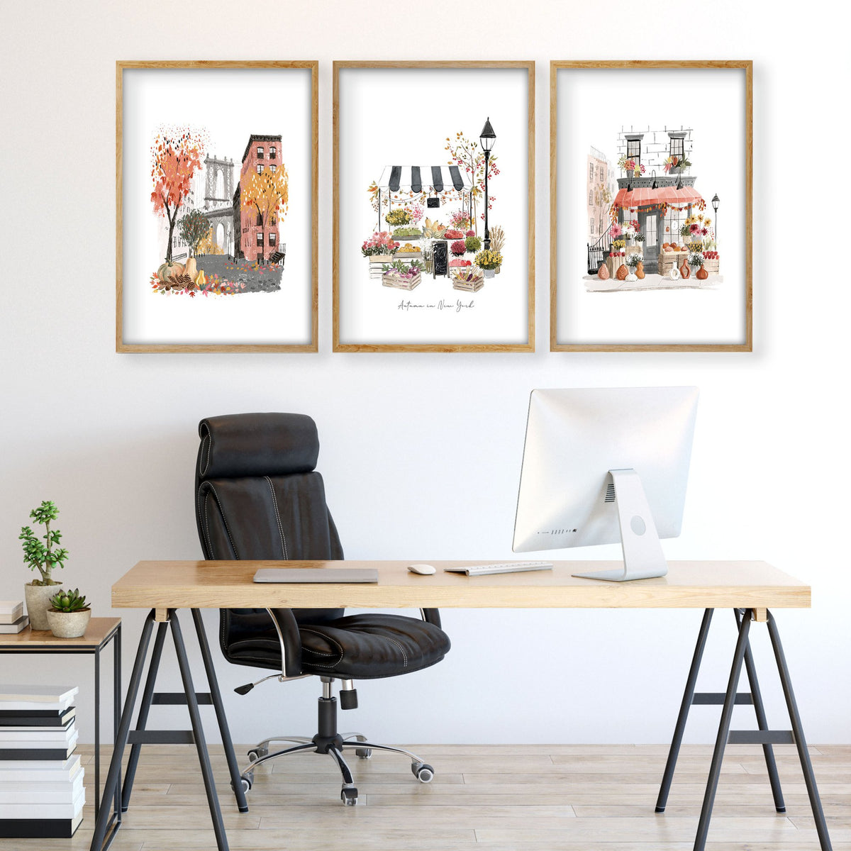 Wall Decor for Office Room New York Autumn Watercolour Travel Art wall art | "Autumn in New York" displayed on a wall in a styled room — view 3