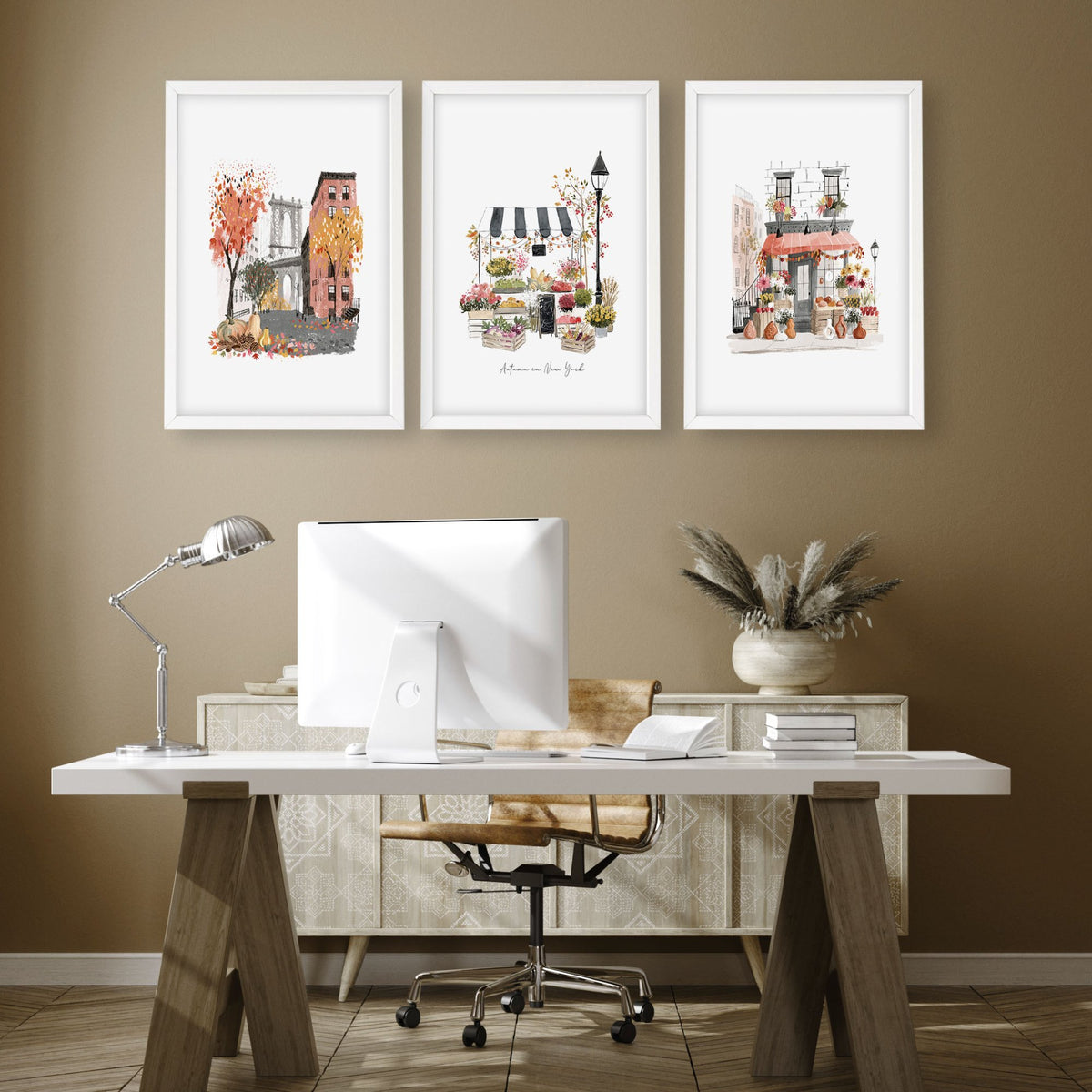 Wall Decor for Office Room New York Autumn Watercolour Travel Art wall art | "Autumn in New York" displayed on a wall in a styled room — view 4