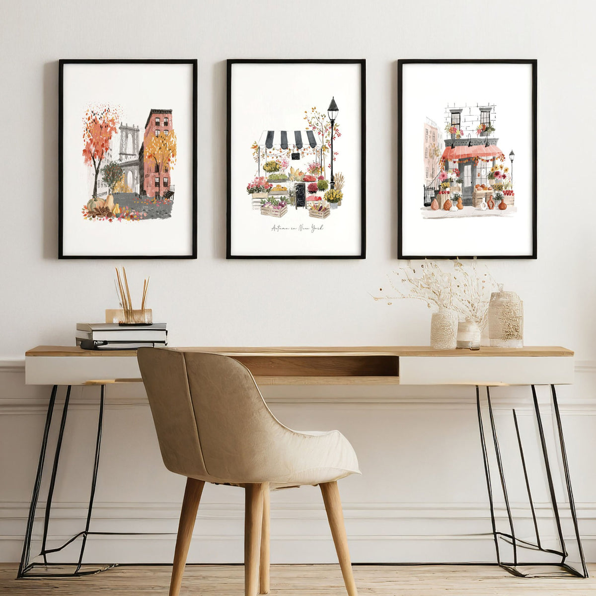 Wall Decor for Office Room New York Autumn Watercolour Travel Art wall art | "Autumn in New York" displayed on a wall in a styled room — view 5
