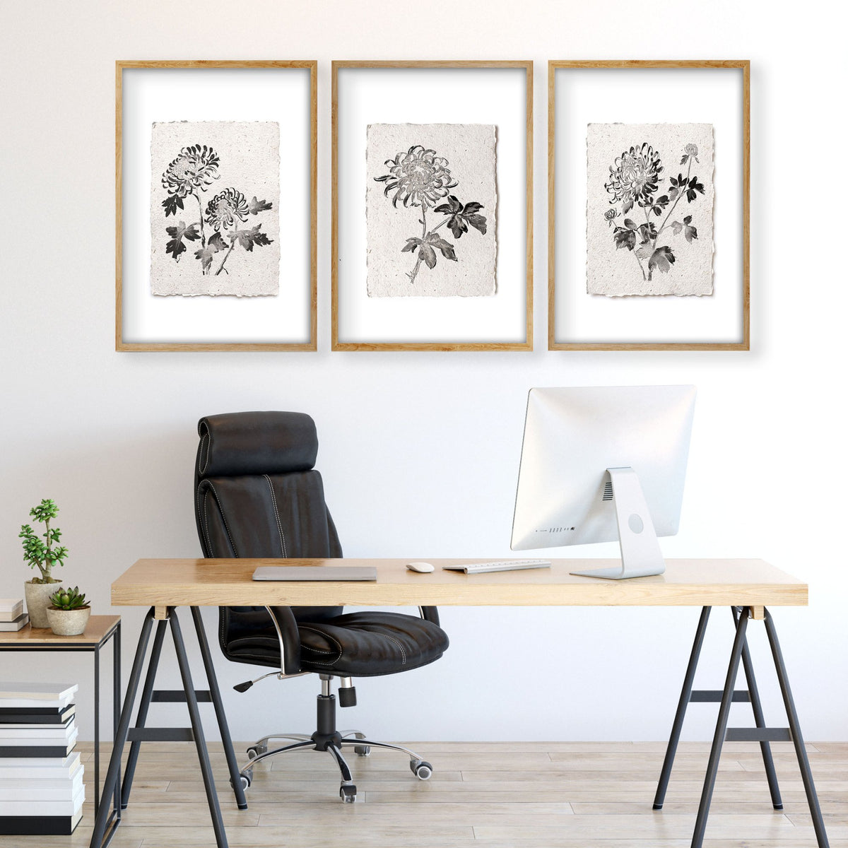 Wall Decor Grey French Country Botanical Chrysanthemum Ink wall art displayed on a wall in a styled room