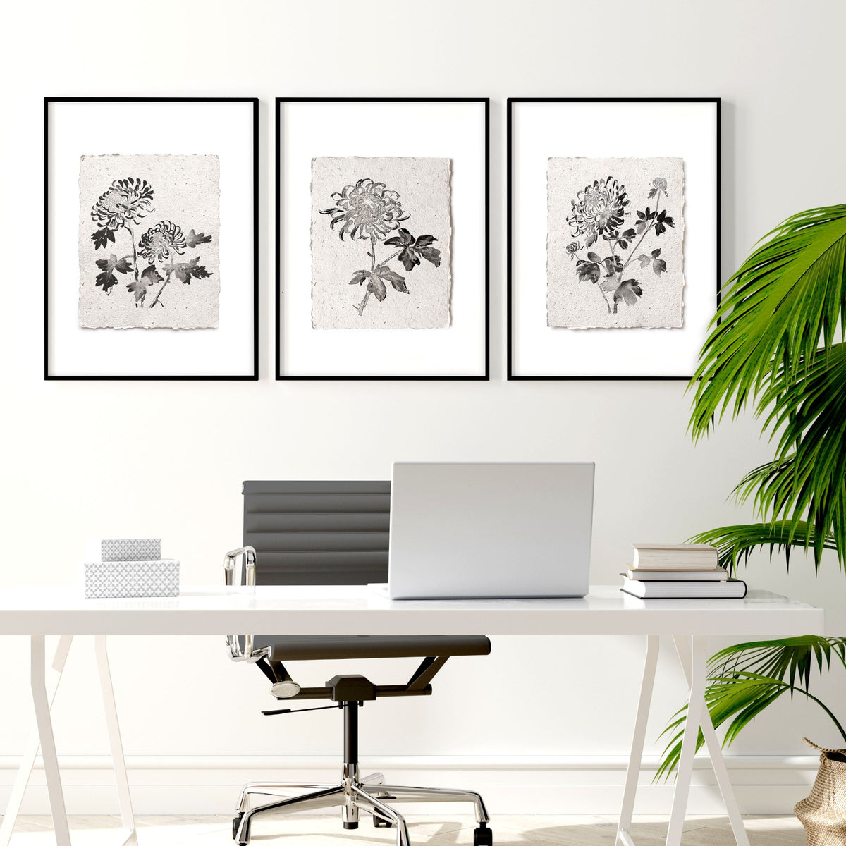 Wall Decor Grey French Country Botanical Chrysanthemum Ink wall art displayed on a wall in a styled room — view 2