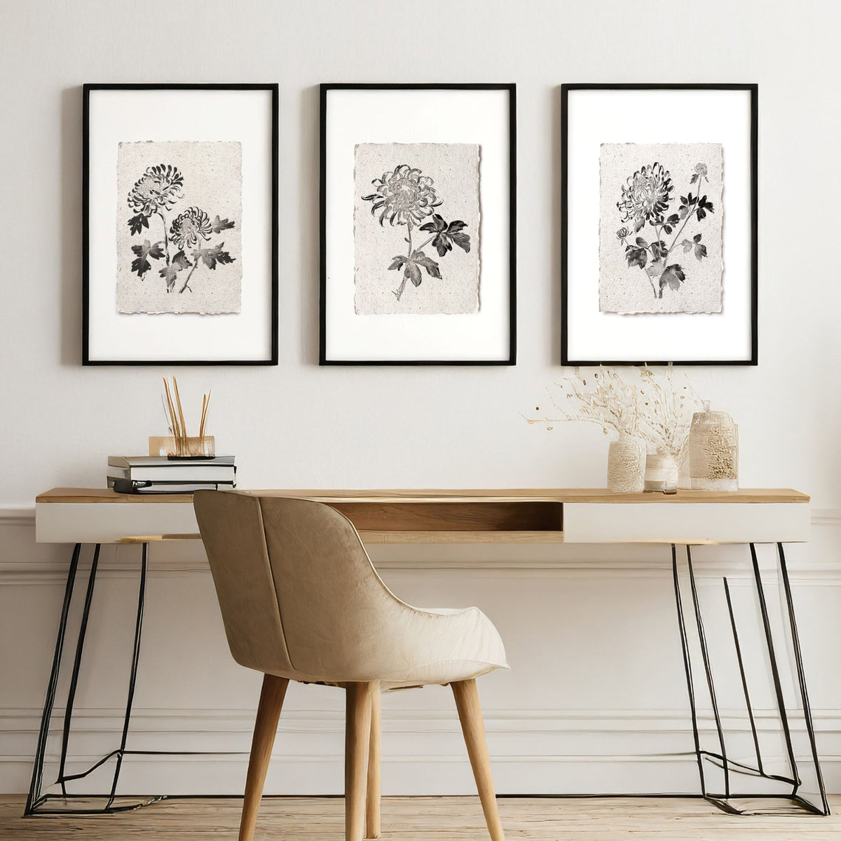 Wall Decor Grey French Country Botanical Chrysanthemum Ink wall art displayed on a wall in a styled room — view 4