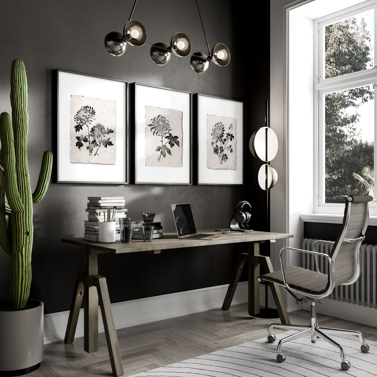 Wall Decor Grey French Country Botanical Chrysanthemum Ink wall art displayed on a wall in a styled room — view 5
