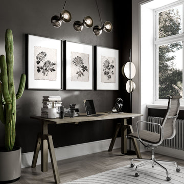 Wall Decor Grey French Country Botanical Chrysanthemum Ink wall art displayed on a wall in a styled room — view 5