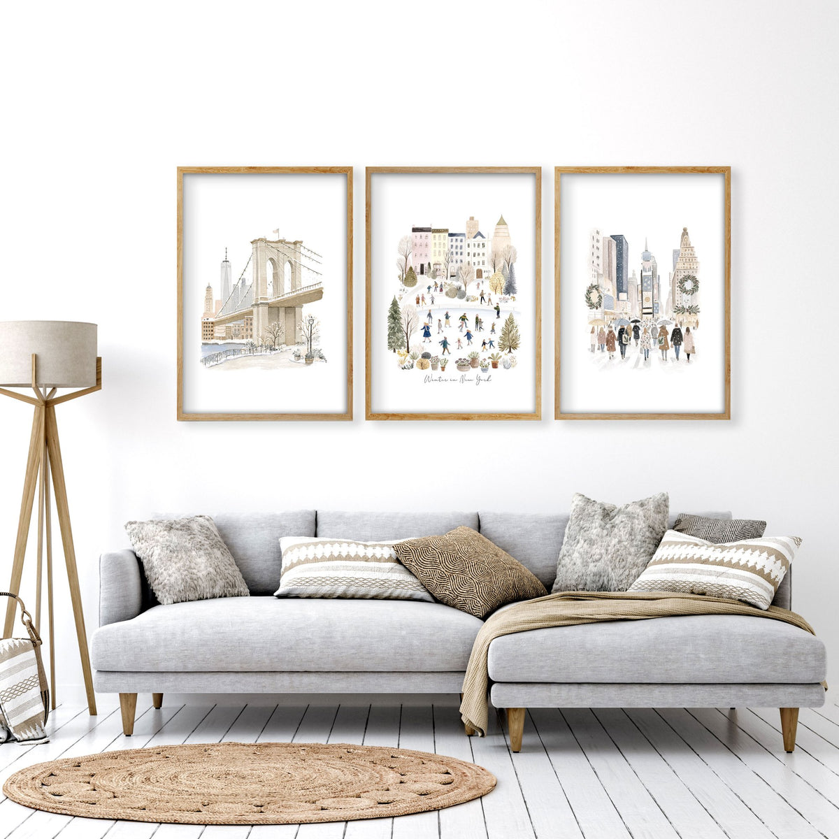 Wall Decor in Living Room Ideas | "Winter in New York" Beige Pastel NYC Travel Art wall art displayed on a wall in a styled room — view 11