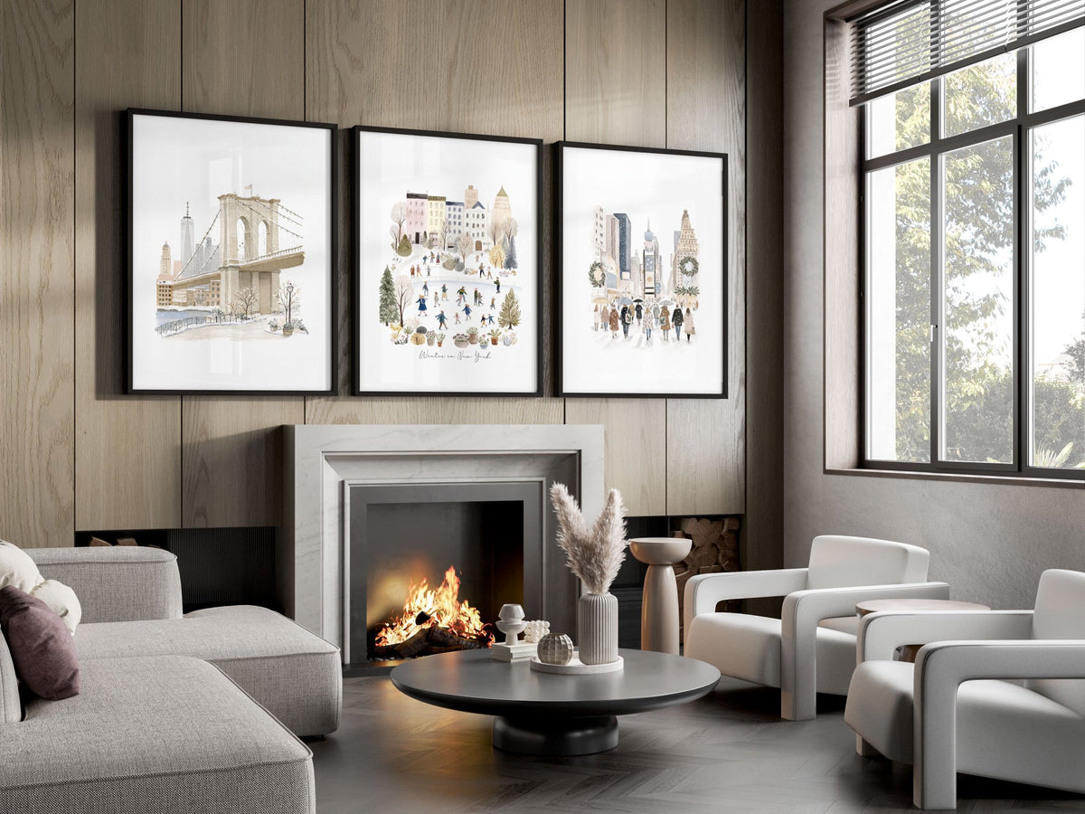Wall Decor in Living Room Ideas | "Winter in New York" Beige Pastel NYC Travel Art wall art displayed on a wall in a styled room — view 15