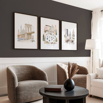 Wall Decor in Living Room Ideas | "Winter in New York" Beige Pastel NYC Travel Art wall art displayed on a wall in a styled room — view 2