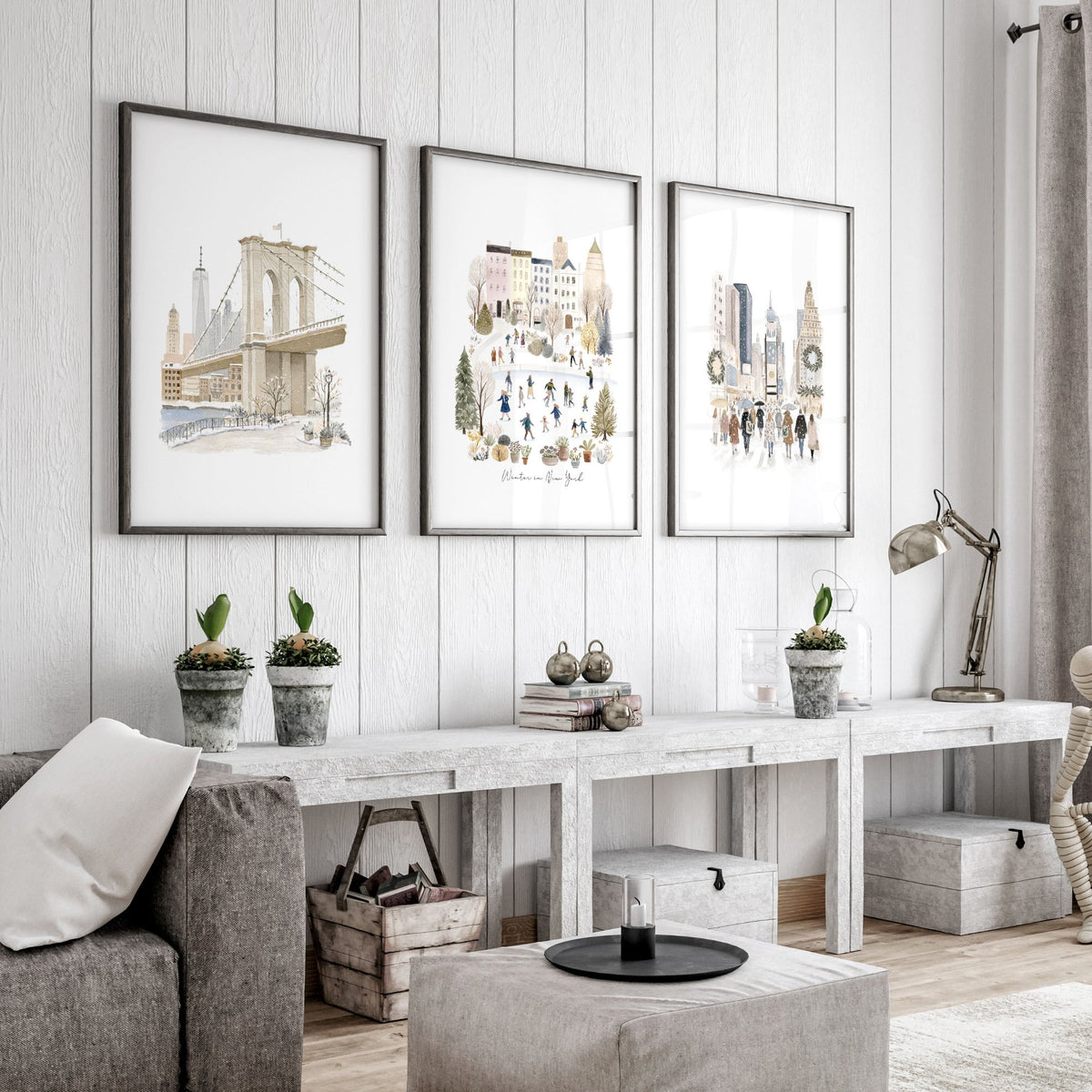 Wall Decor in Living Room Ideas | "Winter in New York" Beige Pastel NYC Travel Art wall art displayed on a wall in a styled room — view 5
