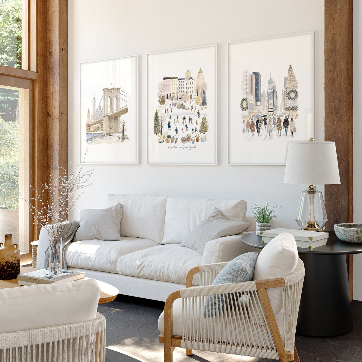 Wall Decor in Living Room Ideas | "Winter in New York" Beige Pastel NYC Travel Art wall art displayed on a wall in a styled room — view 8
