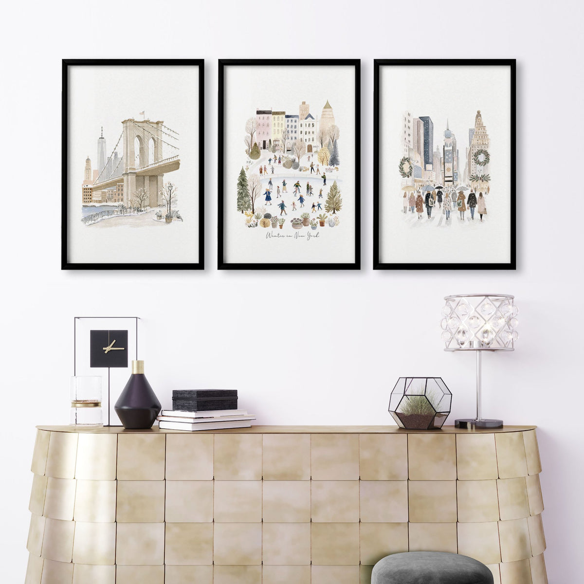 Wall Decor in Living Room Ideas | "Winter in New York" Beige Pastel NYC Travel Art wall art displayed on a wall in a styled room — view 9