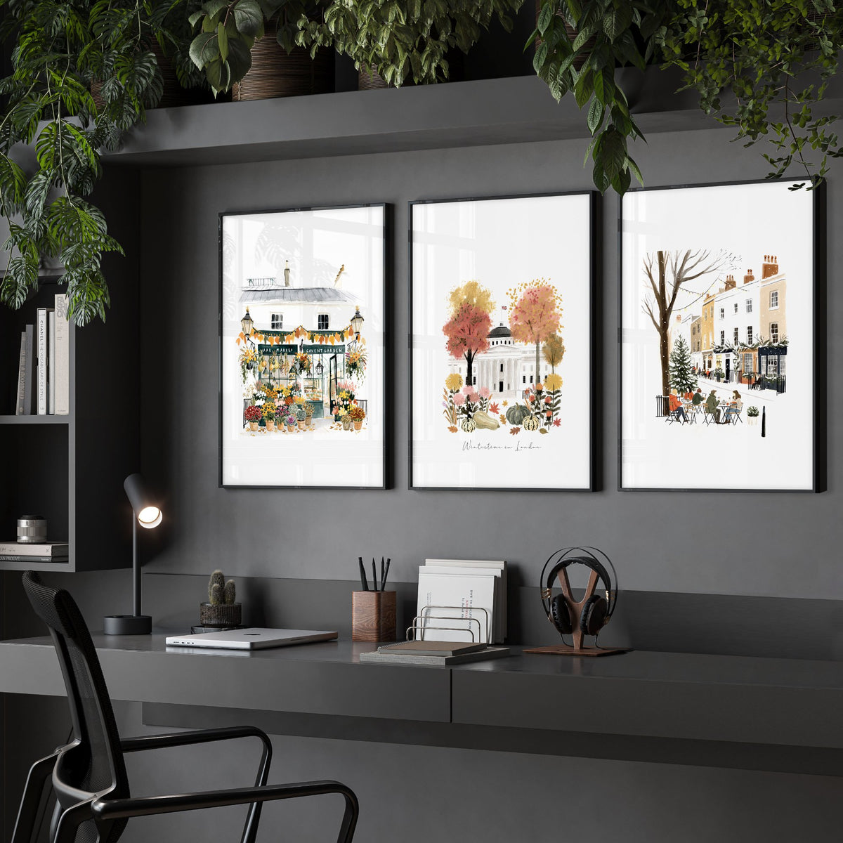 Wall Decor Office London Travel Art wall art | "Wintertime in London" Covent Garden Set of 3 displayed on a wall in a styled room