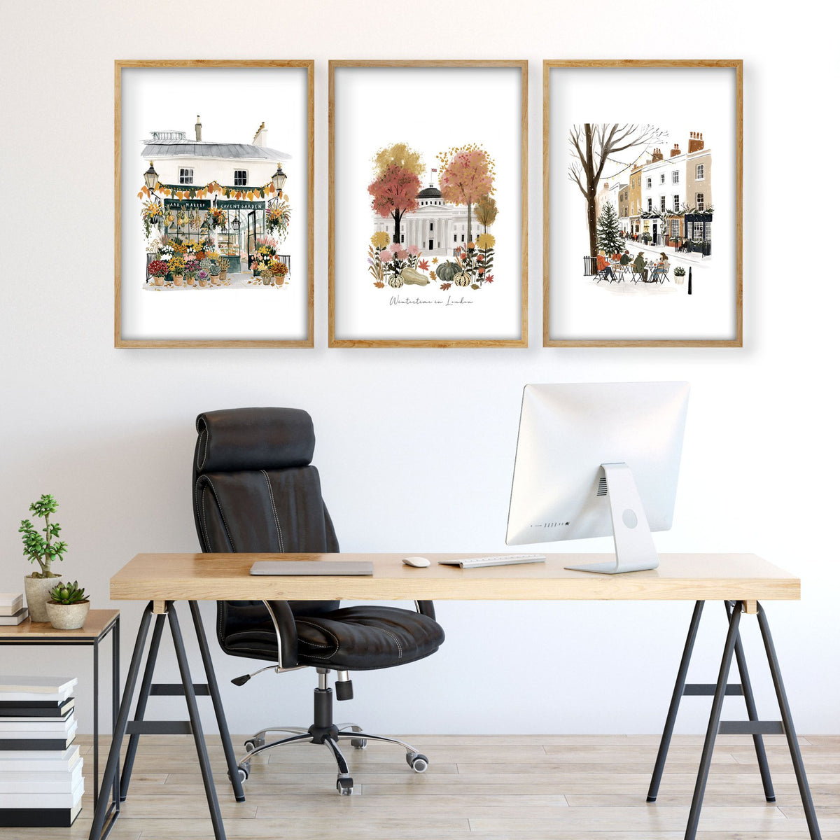 Wall Decor Office London Travel Art wall art | "Wintertime in London" Covent Garden Set of 3 displayed on a wall in a styled room — view 2