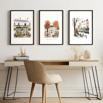 Wall Decor Office London Travel Art wall art | "Wintertime in London" Covent Garden Set of 3 displayed on a wall in a styled room — view 5
