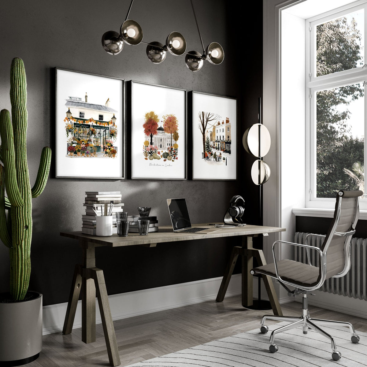 Wall Decor Office London Travel Art wall art | "Wintertime in London" Covent Garden Set of 3 displayed on a wall in a styled room — view 6