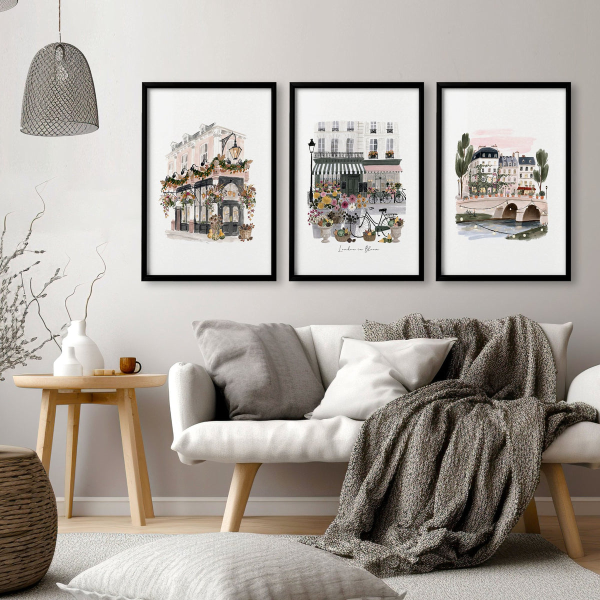 Wall Decoration Living Room "London in Bloom" British Travel wall art displayed on a wall in a styled room — view 12