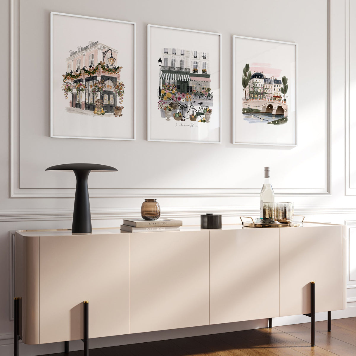 Wall Decoration Living Room "London in Bloom" British Travel wall art displayed on a wall in a styled room — view 14