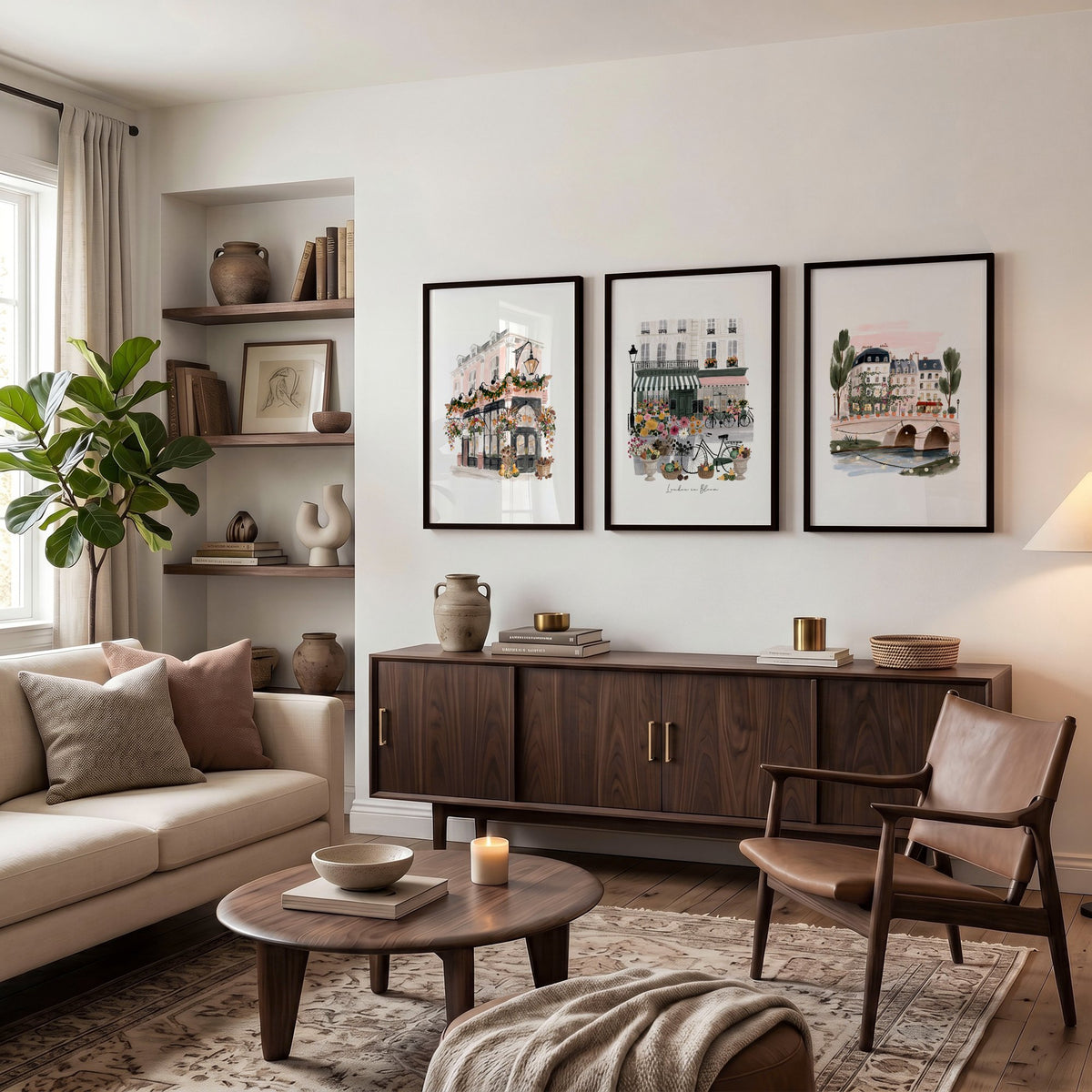 Wall Decoration Living Room "London in Bloom" British Travel wall art displayed on a wall in a styled room — view 2