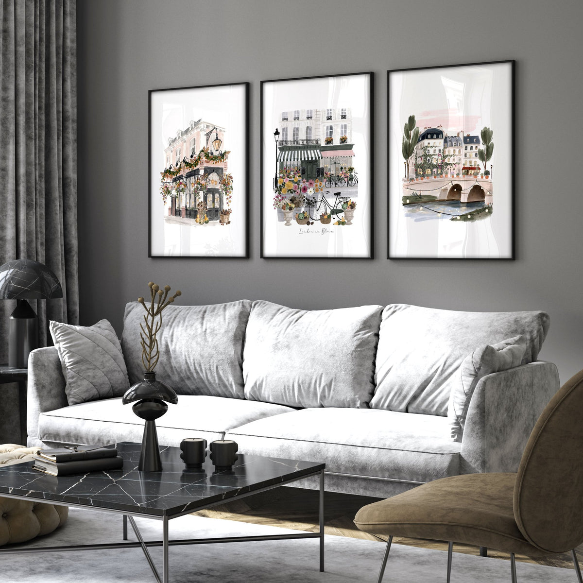 Wall Decoration Living Room "London in Bloom" British Travel wall art displayed on a wall in a styled room — view 3