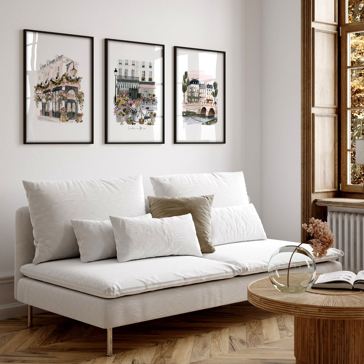Wall Decoration Living Room "London in Bloom" British Travel wall art displayed on a wall in a styled room — view 5