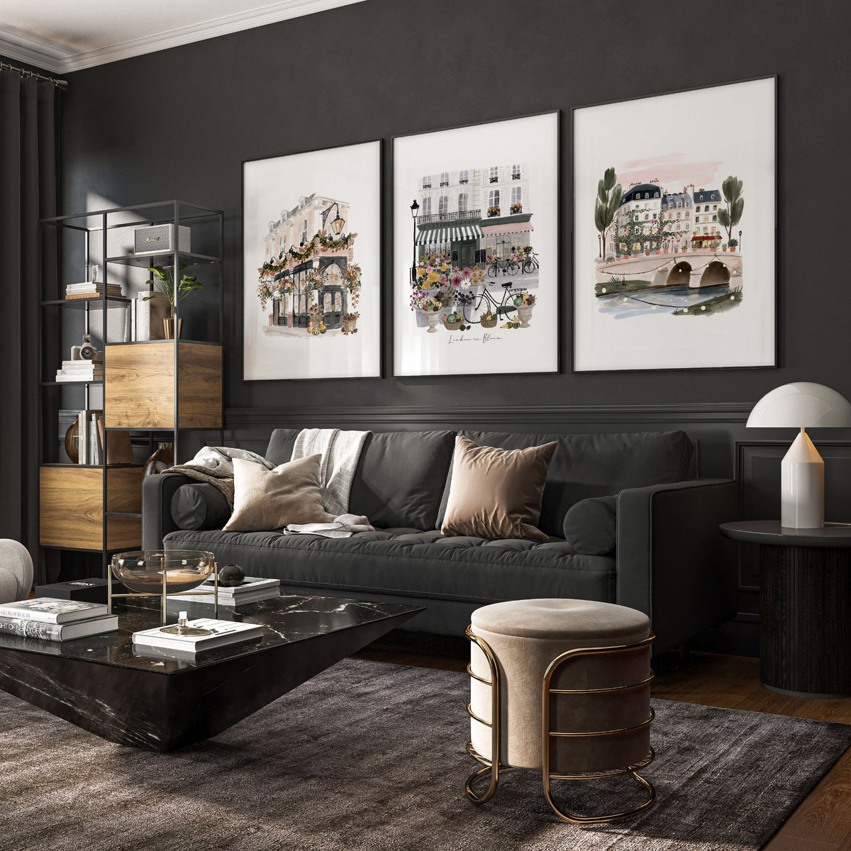 Wall Decoration Living Room "London in Bloom" British Travel wall art displayed on a wall in a styled room — view 6