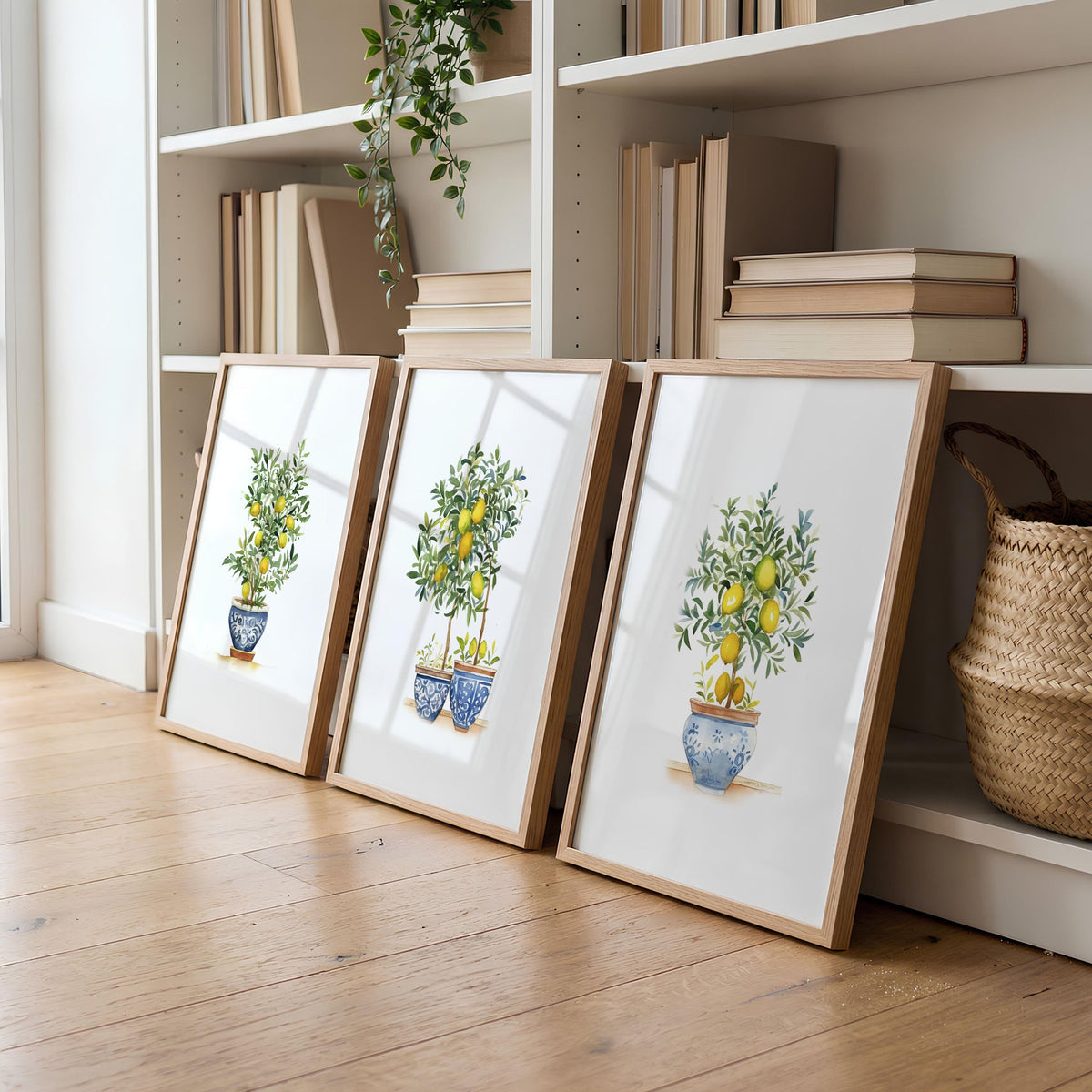 Wall Hanging Living Room Lemon Tree Watercolour Art wall art displayed on a wall in a styled room