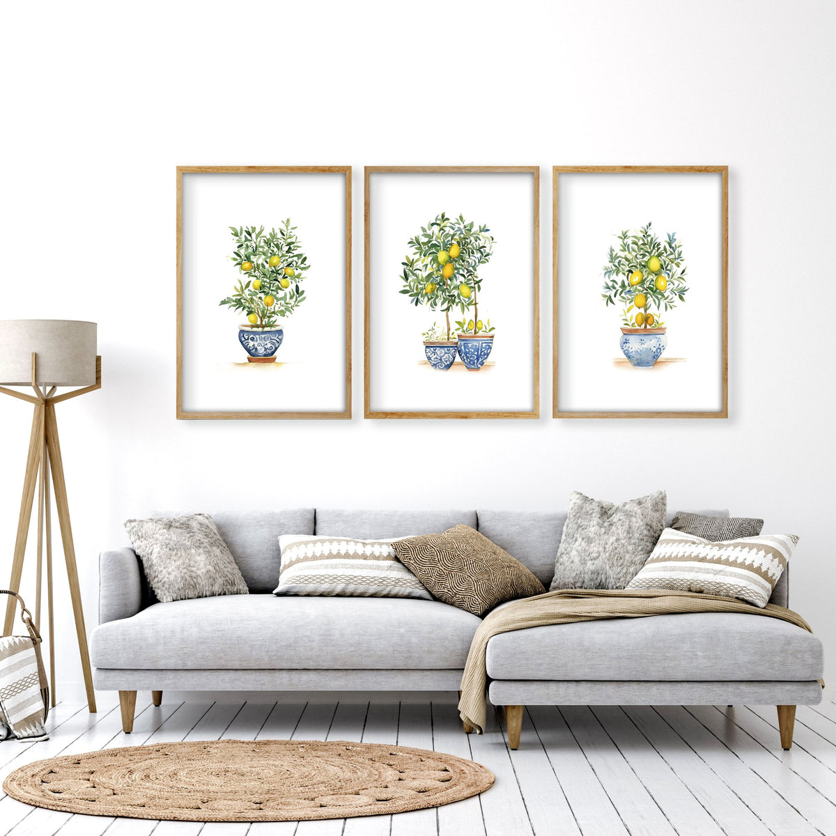 Wall Hanging Living Room Lemon Tree Watercolour Art wall art displayed on a wall in a styled room — view 10