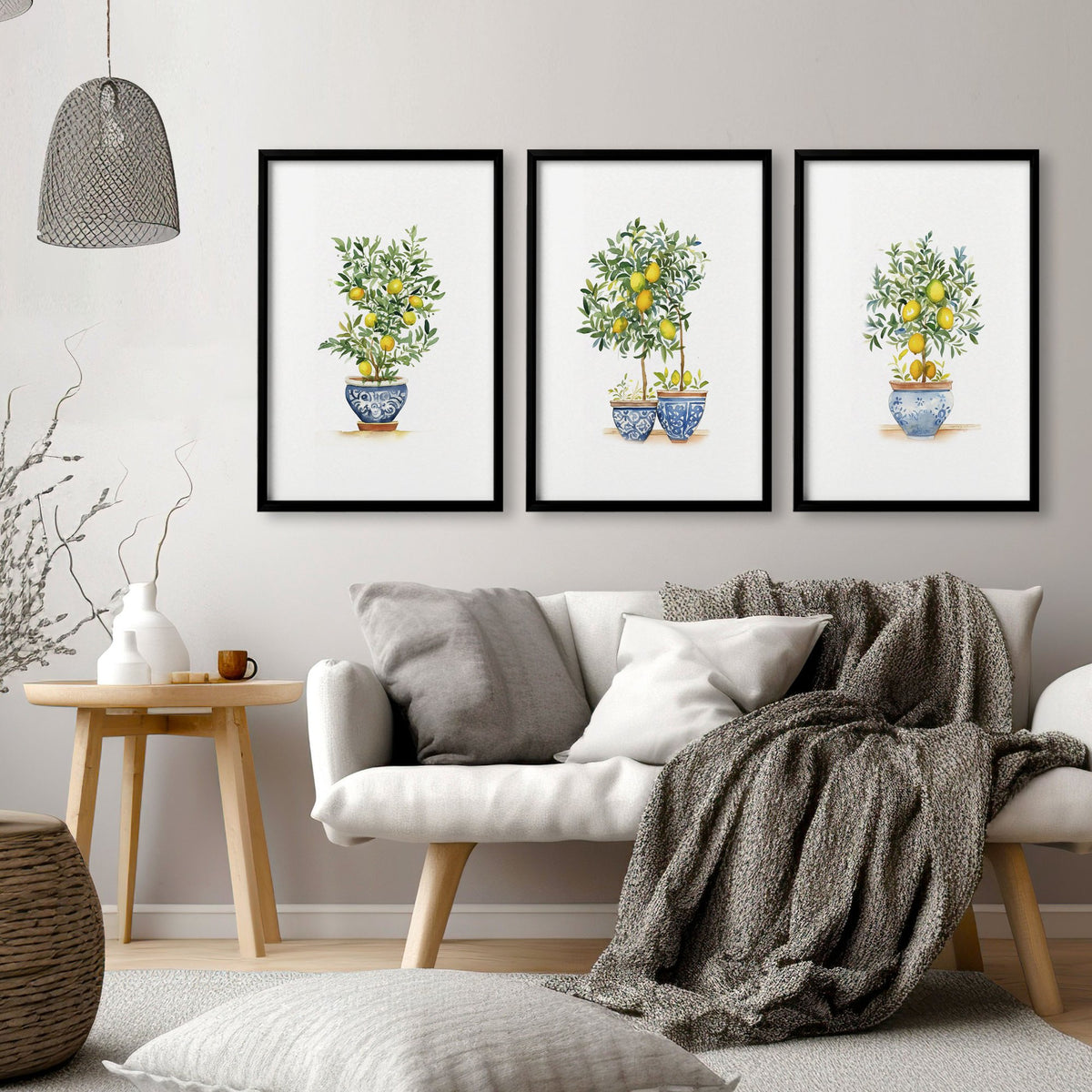 Wall Hanging Living Room Lemon Tree Watercolour Art wall art displayed on a wall in a styled room — view 12