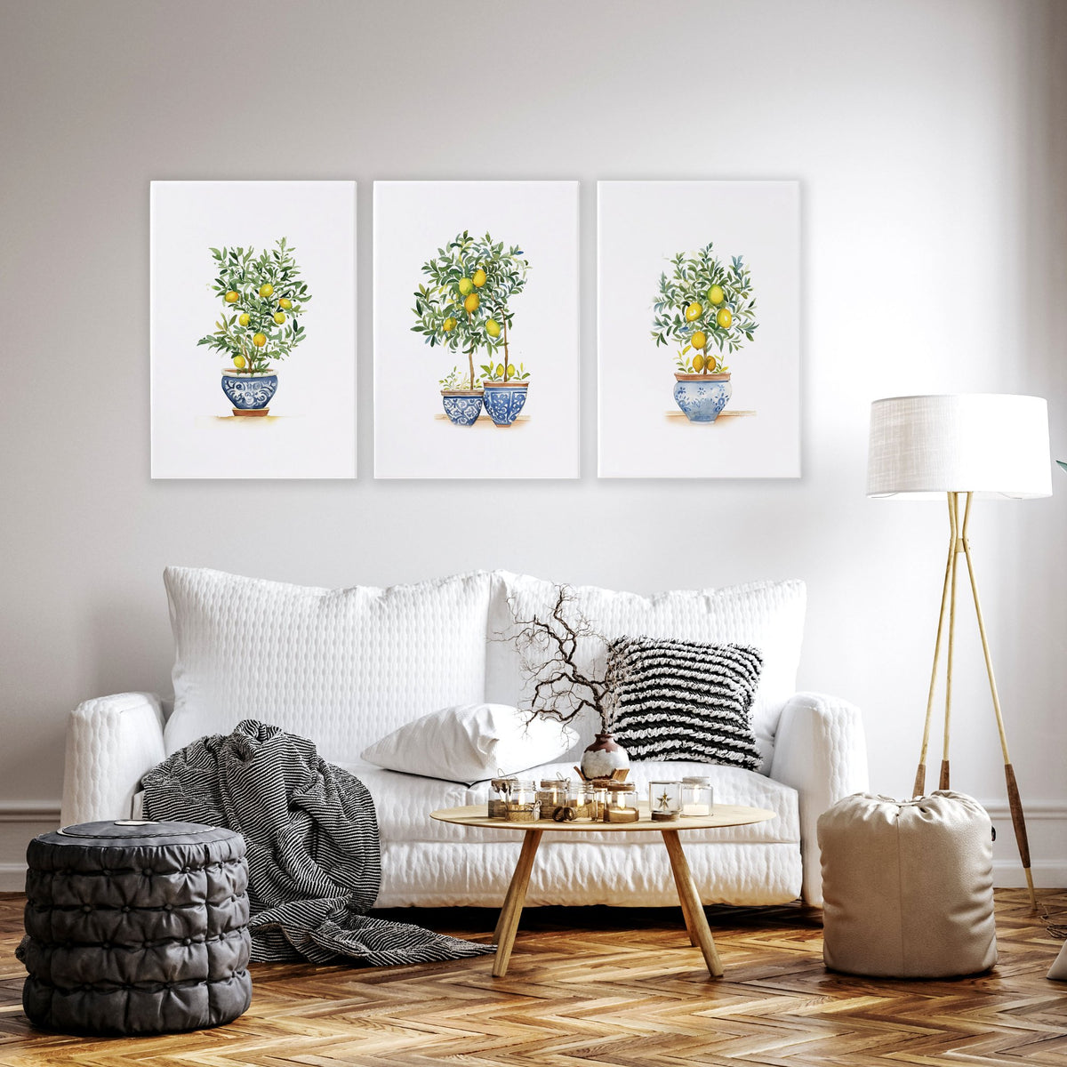 Wall Hanging Living Room Lemon Tree Watercolour Art wall art displayed on a wall in a styled room — view 13