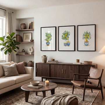 Wall Hanging Living Room Lemon Tree Watercolour Art wall art displayed on a wall in a styled room — view 2