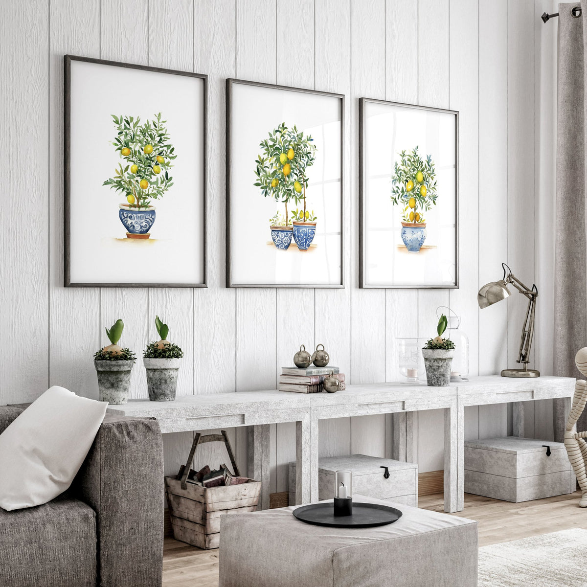 Wall Hanging Living Room Lemon Tree Watercolour Art wall art displayed on a wall in a styled room — view 4