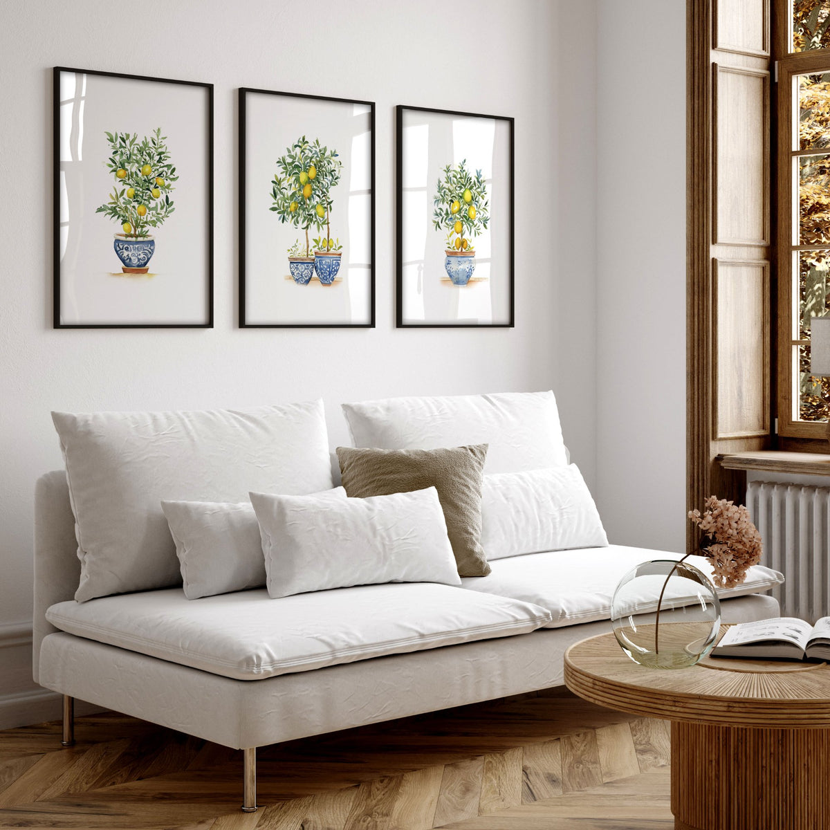 Wall Hanging Living Room Lemon Tree Watercolour Art wall art displayed on a wall in a styled room — view 5