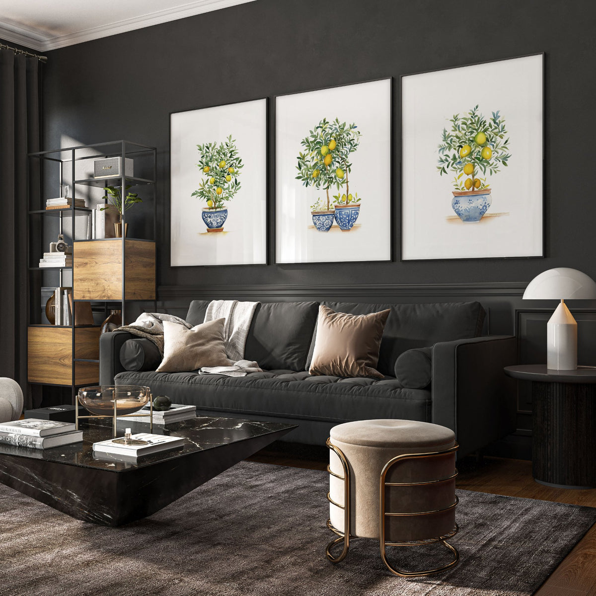 Wall Hanging Living Room Lemon Tree Watercolour Art wall art displayed on a wall in a styled room — view 6