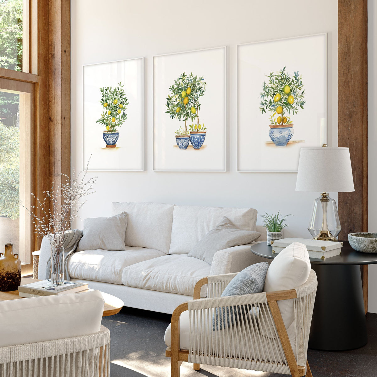 Wall Hanging Living Room Lemon Tree Watercolour Art wall art displayed on a wall in a styled room — view 7