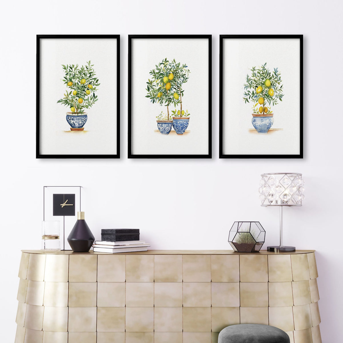 Wall Hanging Living Room Lemon Tree Watercolour Art wall art displayed on a wall in a styled room — view 8