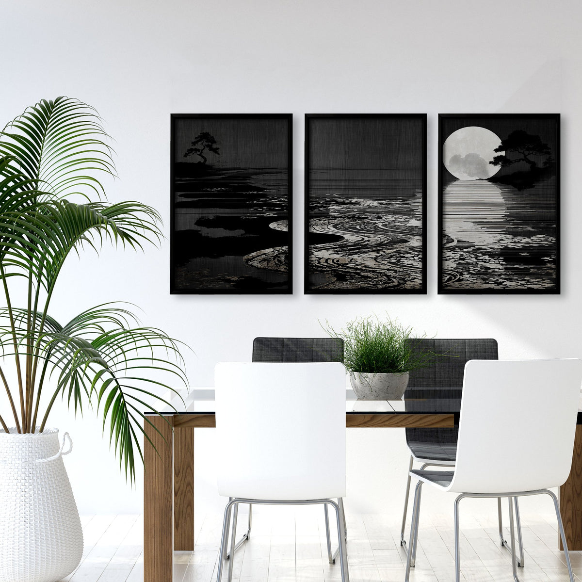 Wall Painting Landscape Japandi Moonrise Over Still Water displayed on a wall in a styled room — view 6
