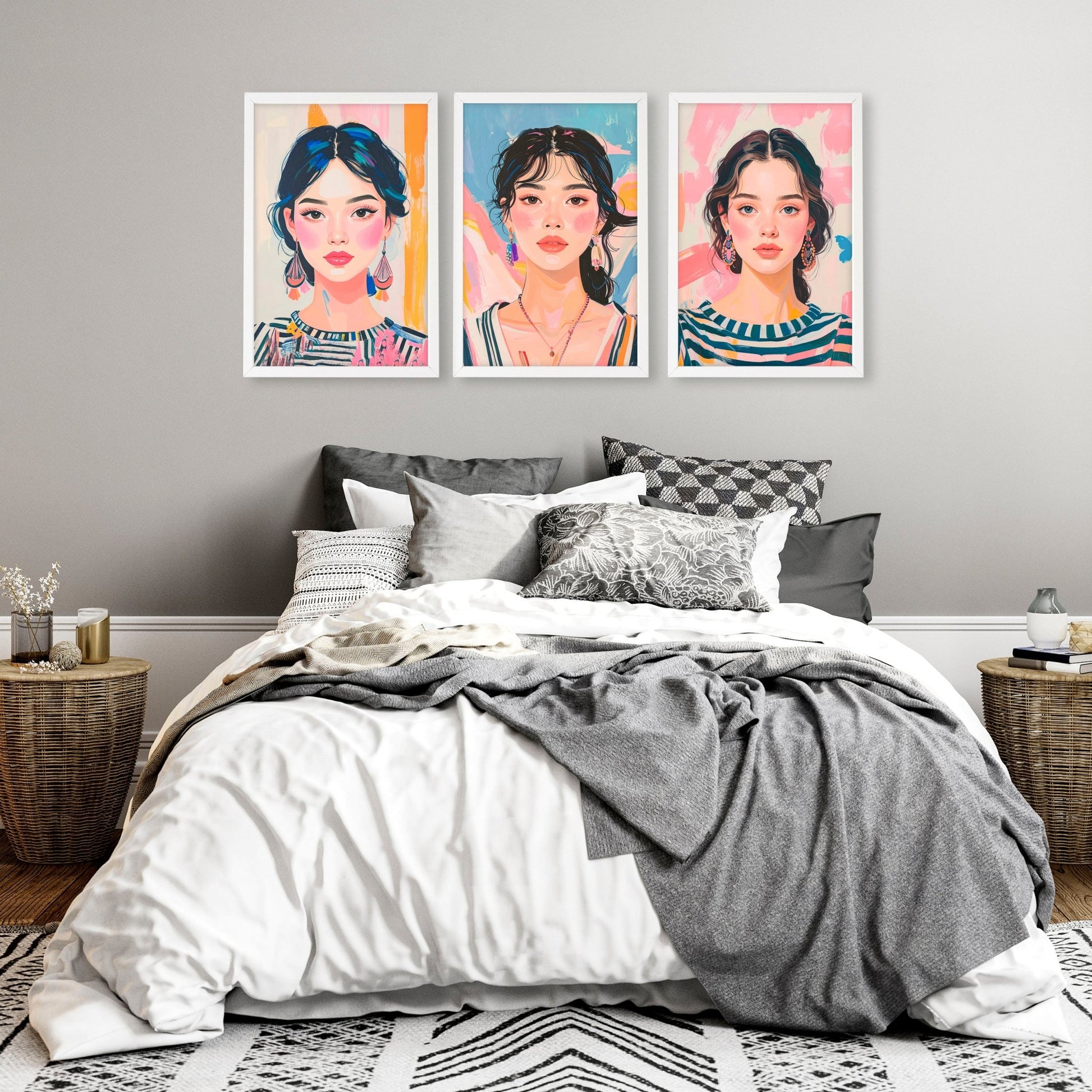 Wall Paintings For Bedroom | Set of 3 Boho Women Wall art Prints