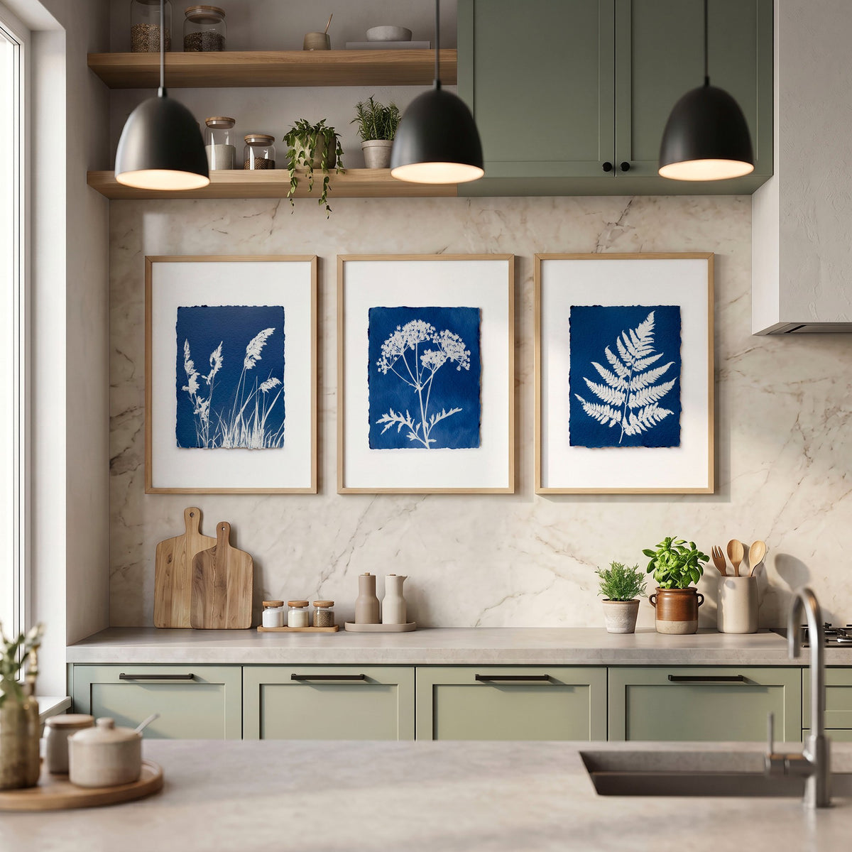 wall paintings for kitchen displayed on a wall in a styled room — view 2