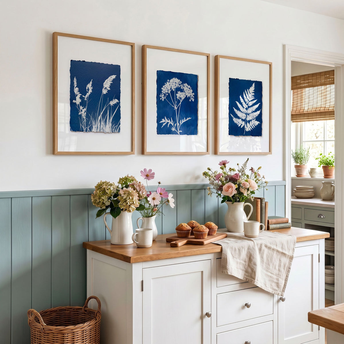 wall paintings for kitchen displayed on a wall in a styled room — view 3