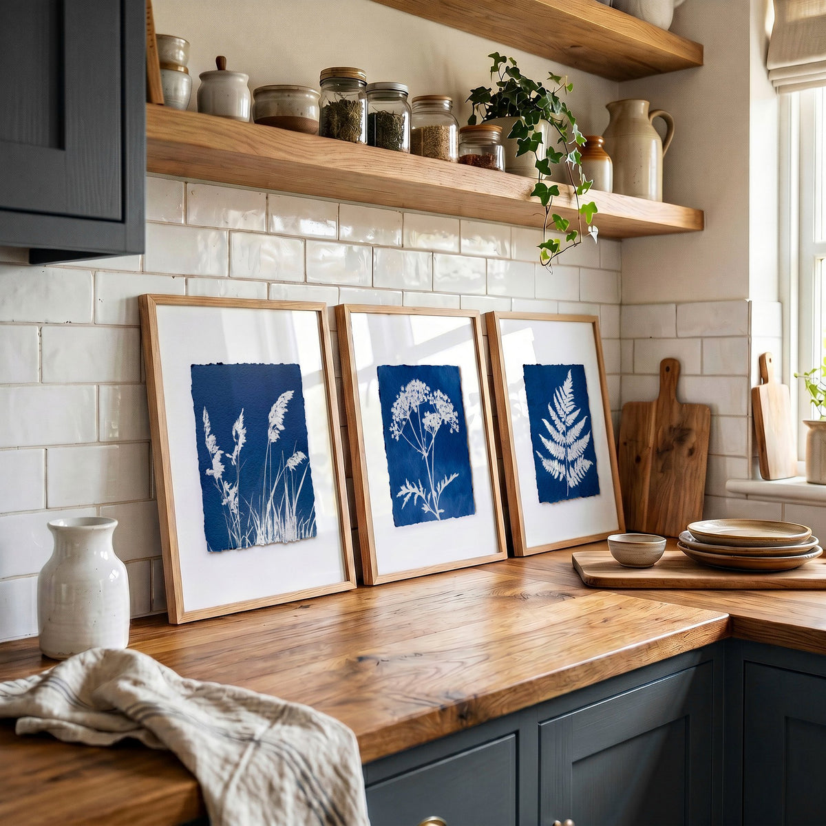 wall paintings for kitchen displayed on a wall in a styled room — view 4