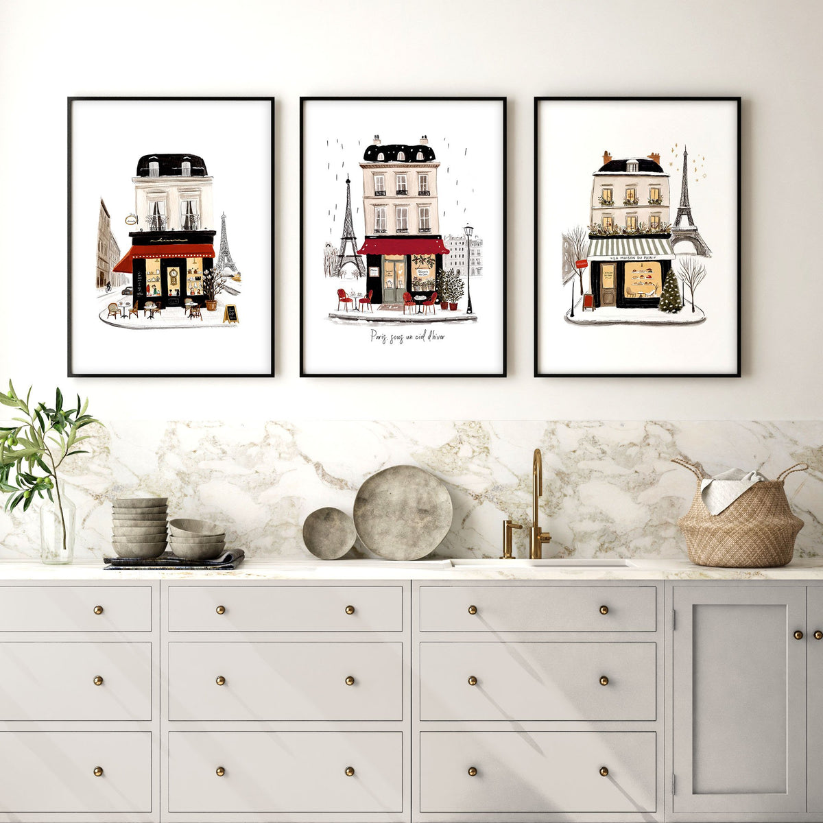 Wall Picture Kitchen Paris Street Café Scene Beige, Black & Red Art wall art | "Paris sous un ciel d'hiver" displayed on a wall in a styled room