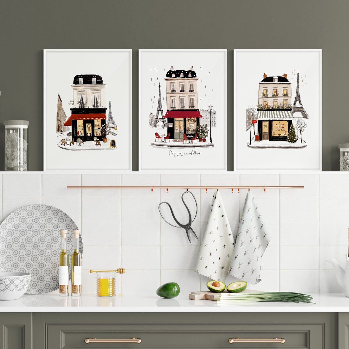 Wall Picture Kitchen Paris Street Café Scene Beige, Black & Red Art wall art | "Paris sous un ciel d'hiver" displayed on a wall in a styled room — view 6