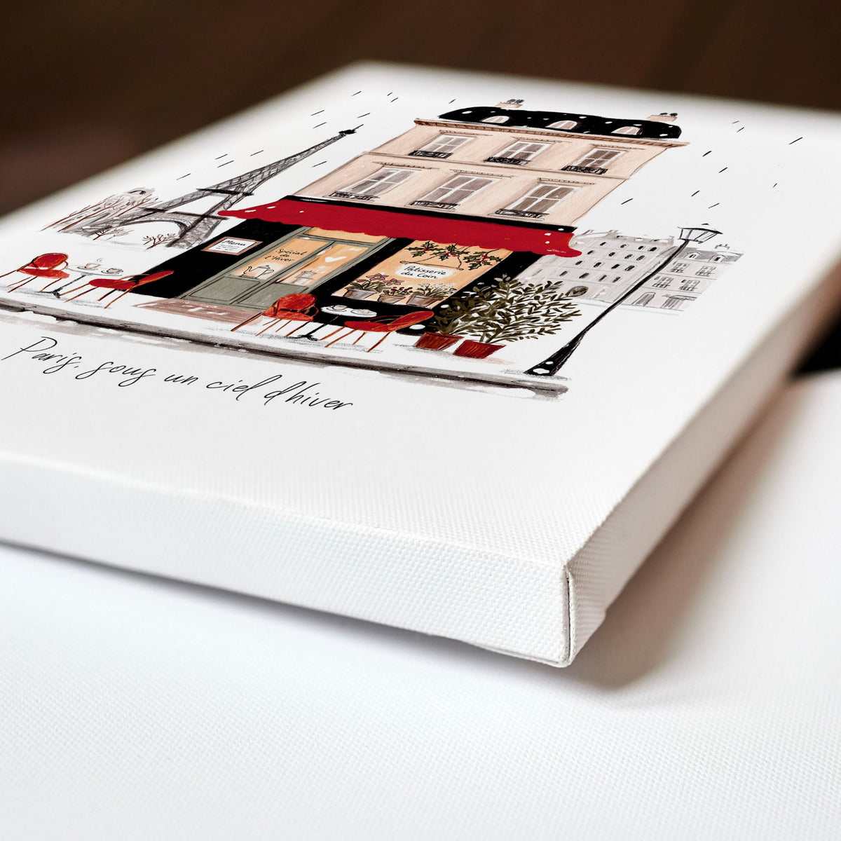Wall Picture Kitchen Paris Street Café Scene Beige, Black & Red Art wall art | "Paris sous un ciel d'hiver" displayed on a wall in a styled room — view 7